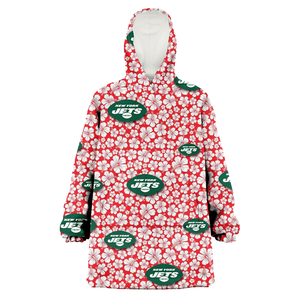 New York Jets Tiny White Hibiscus Pattern Red Background 3D Printed Hoodie Blanket Snug Hoodie