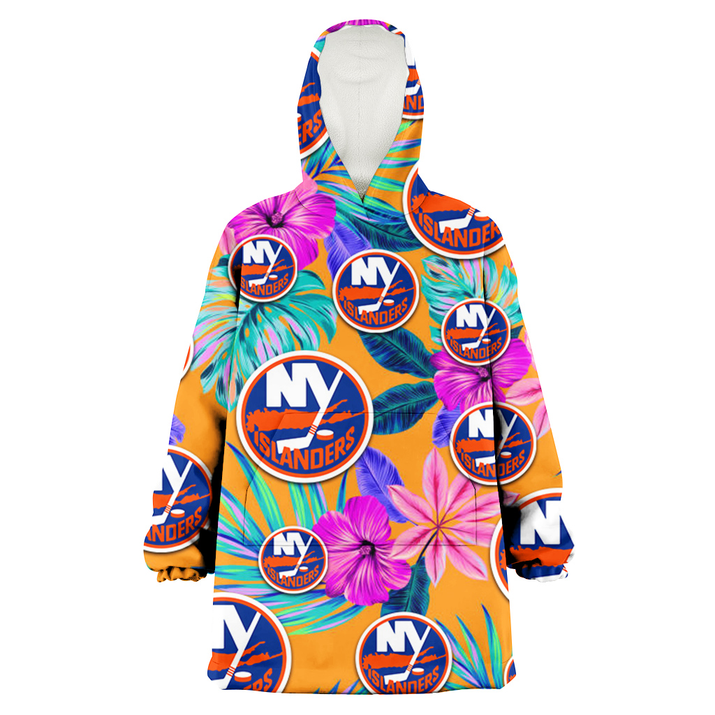 New York Islanders Purple Hibiscus Neon Leaf Orange Background 3D Printed Hoodie Blanket Snug Hoodie