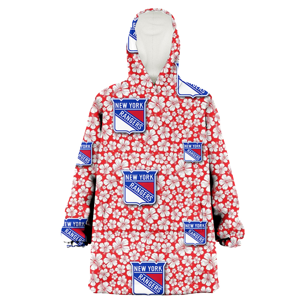 New York Rangers Tiny White Hibiscus Pattern Red Background 3D Printed Hoodie Blanket Snug Hoodie