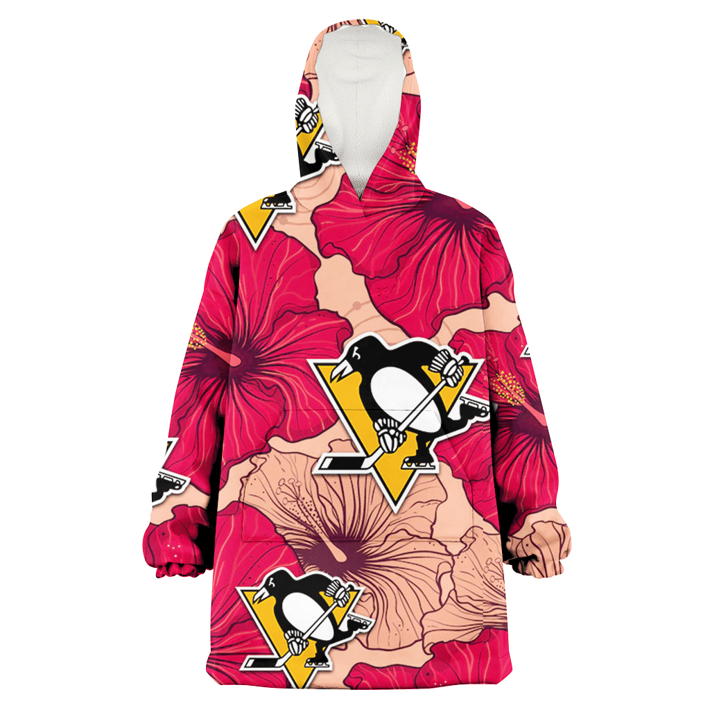 Pittsburgh Penguins Red Beige Hibiscus Beige Background 3D Printed Hoodie Blanket Snug Hoodie