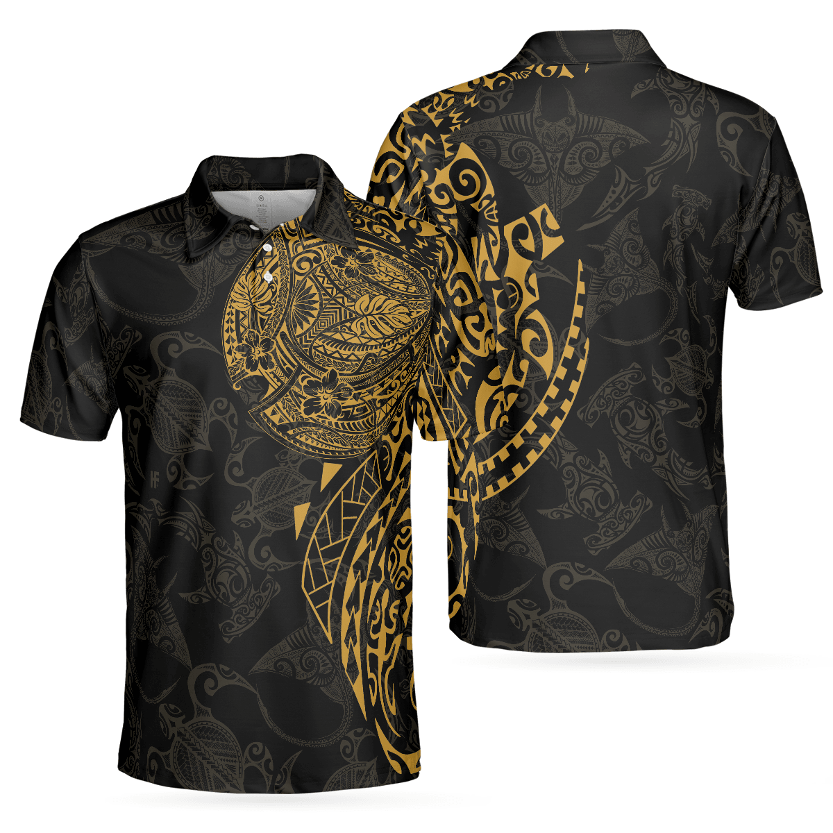 Poké Fan's Men Sea Turtle Polo Shirt - Strong And Cool Polynesian Pattern Polo Shirt, Luxury Black And Gold Shirt For Men, Sea Turtle Polo Shirt For Men