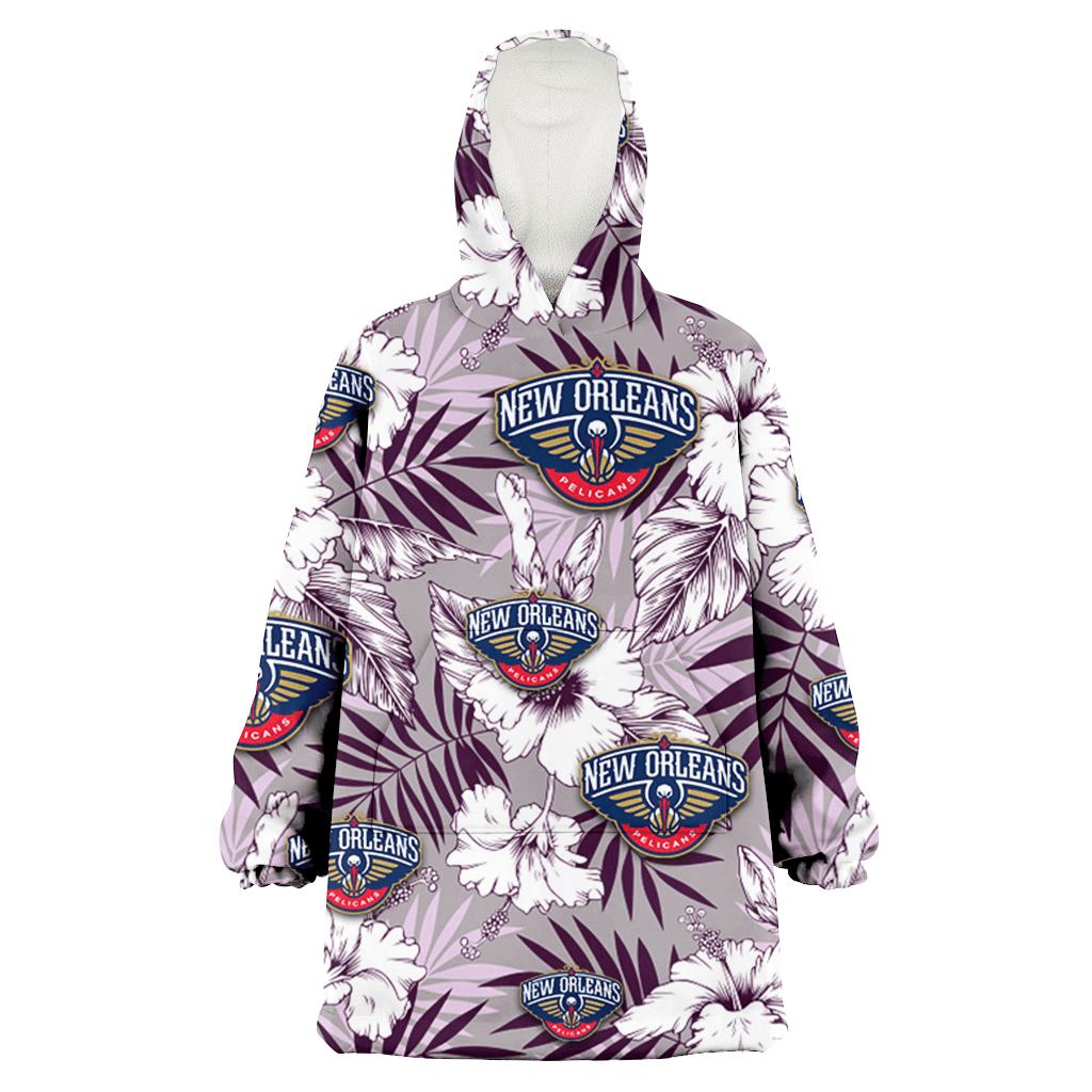 New Orlean Pelicans White Hibiscus Violet Leaves Light Grey Background 3D Printed Hoodie Blanket Snug Hoodie