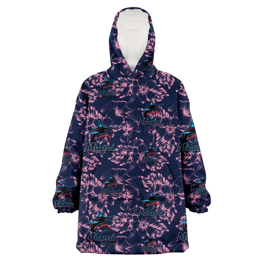 Miami Marlins Thistle Sketch Hibiscus Dark Slate Blue Background 3D Printed Hoodie Blanket Snug Hoodie