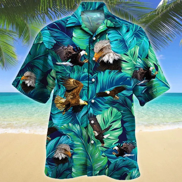 Eagle Lovers Gift Summer Beach Palm Tree Flowers Pattern Hawaiian Shirt