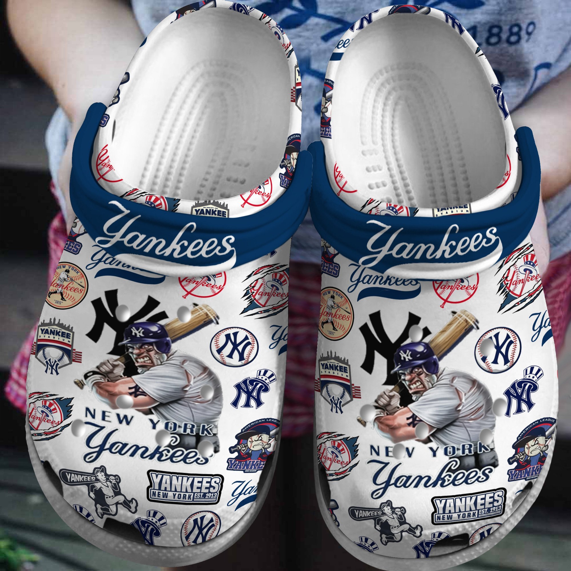 New York Yankees Logo Baseball MLB Cheer Mascot White And Navy Blue Crocss Classic Clogs Shoes Ver466