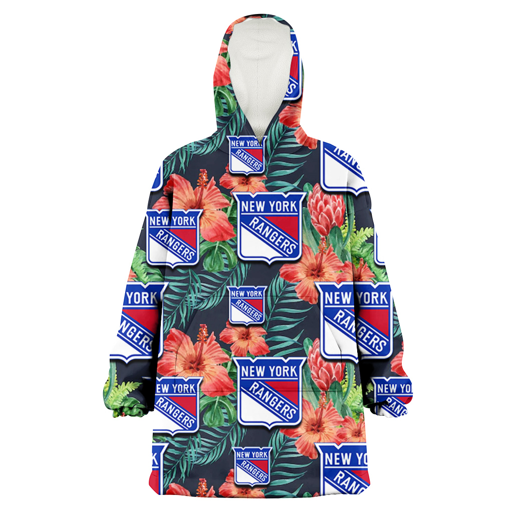 New York Rangers Orange Hibiscus Green Tropical Leaf Dark Background 3D Printed Hoodie Blanket Snug Hoodie