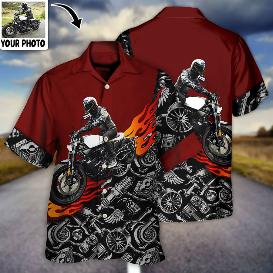 Motorcycle Biker Flame Custom Photo Hawaiian Shirt, Perfect Gift For Men Women, Motorcycle Hawaiian Shirt