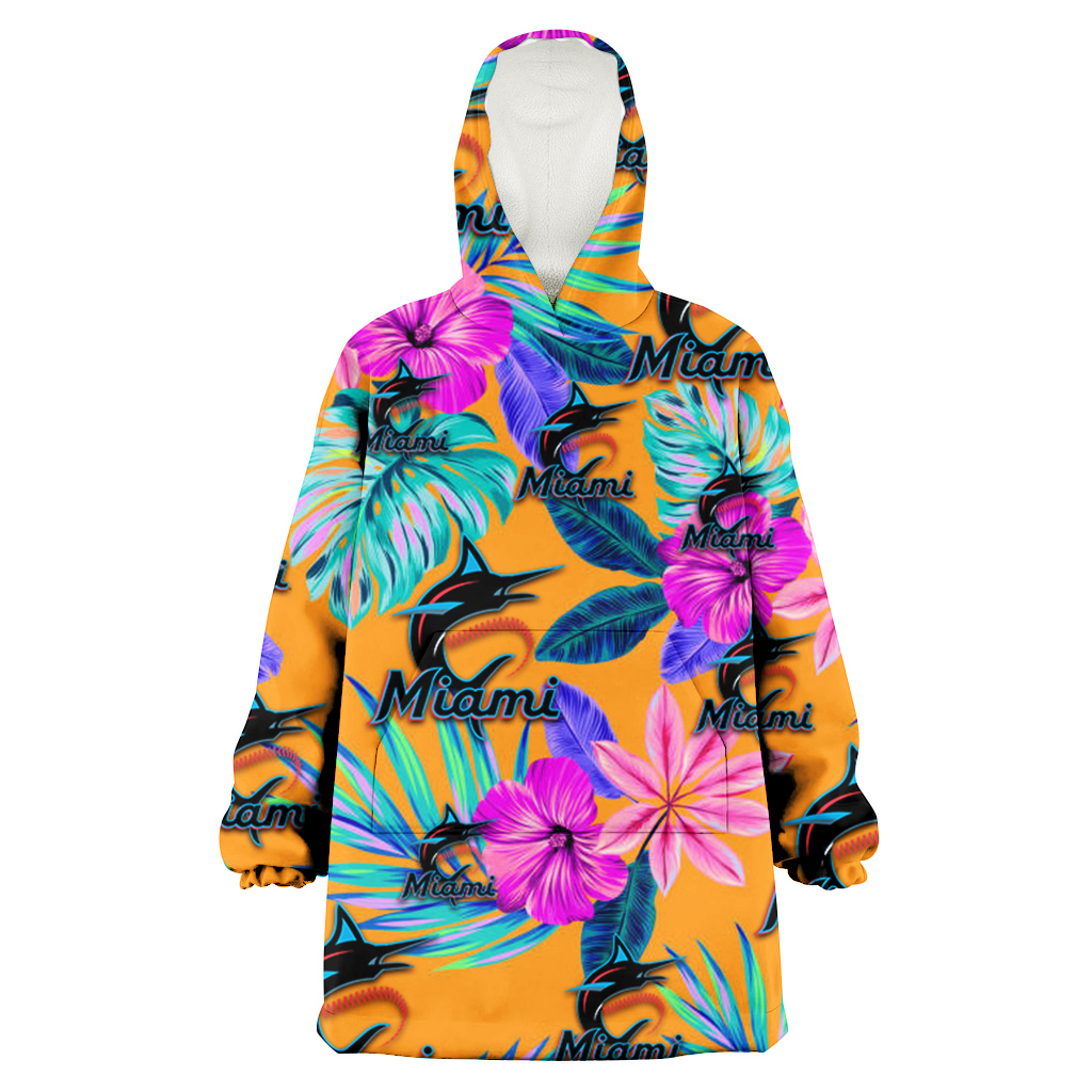 Miami Marlins Purple Hibiscus Neon Leaf Orange Background 3D Printed Hoodie Blanket Snug Hoodie