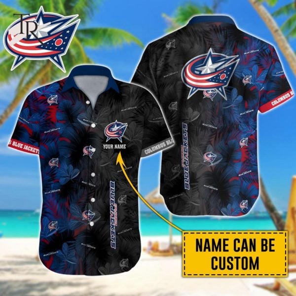 Custom Name Nhl Columbus Blue Jackets Team Name And Tropical Pattern 3D Hawaiian Shirt