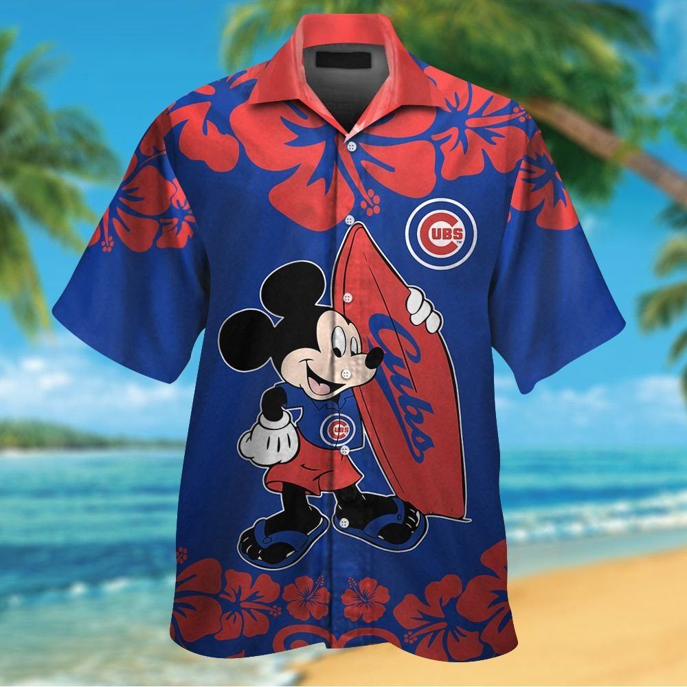 Chicago Cubs Mickey Mouse Short Sleeve Button Up Tropical Hawaiian Shirt