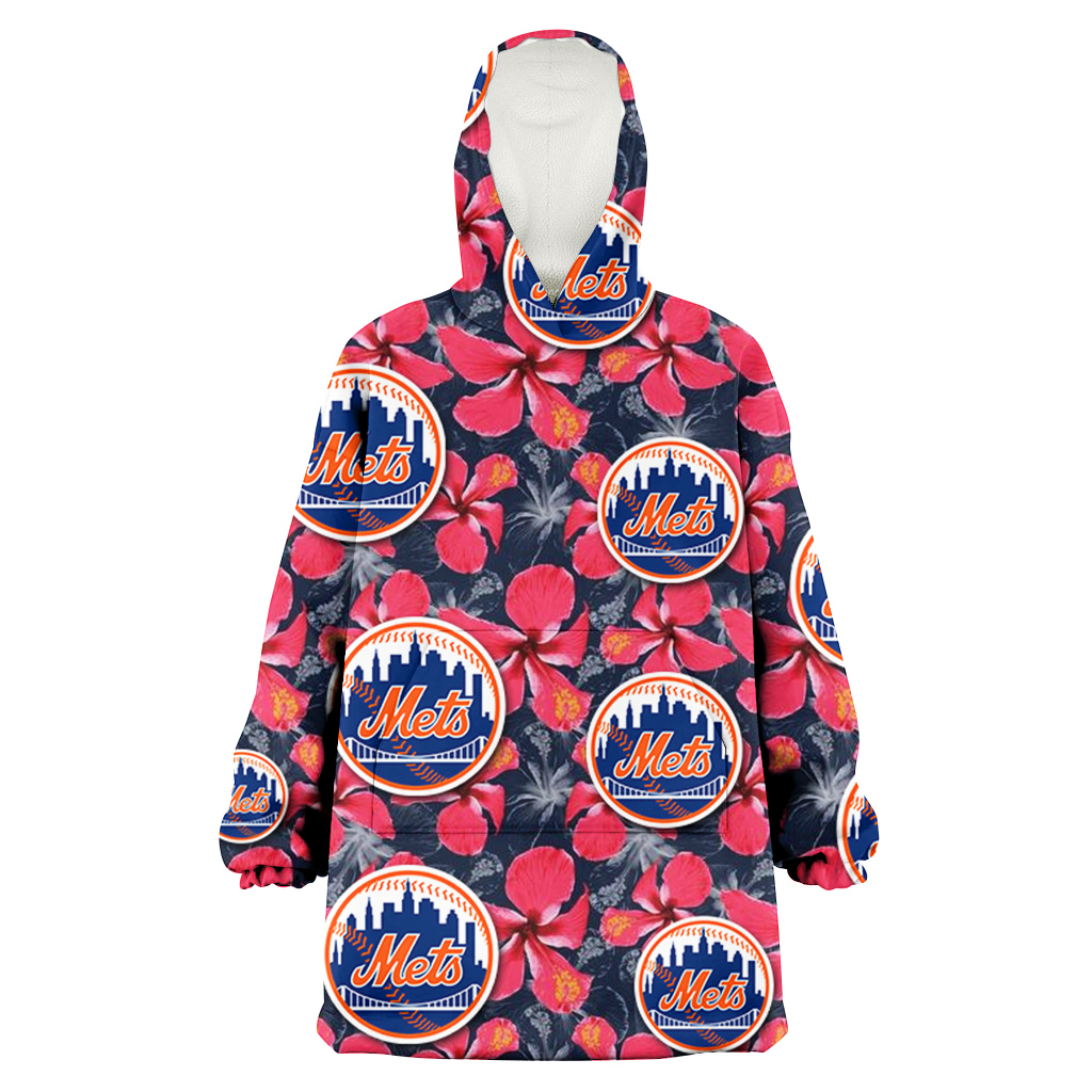 New York Mets Red Hibiscus Dark Gray Background 3D Printed Hoodie Blanket Snug Hoodie