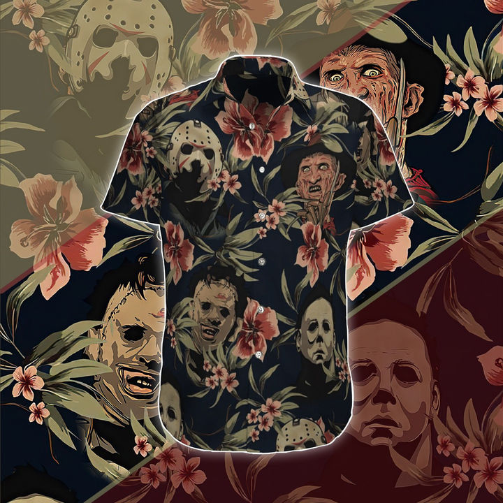 Horror Character Hibiscus Hawaiian Shirt Hawaiian Shirt, Horror Movie Hawaiian Shirt, Summer Hawaiian Shirt, All Over Print Hawaiian Short Shirts