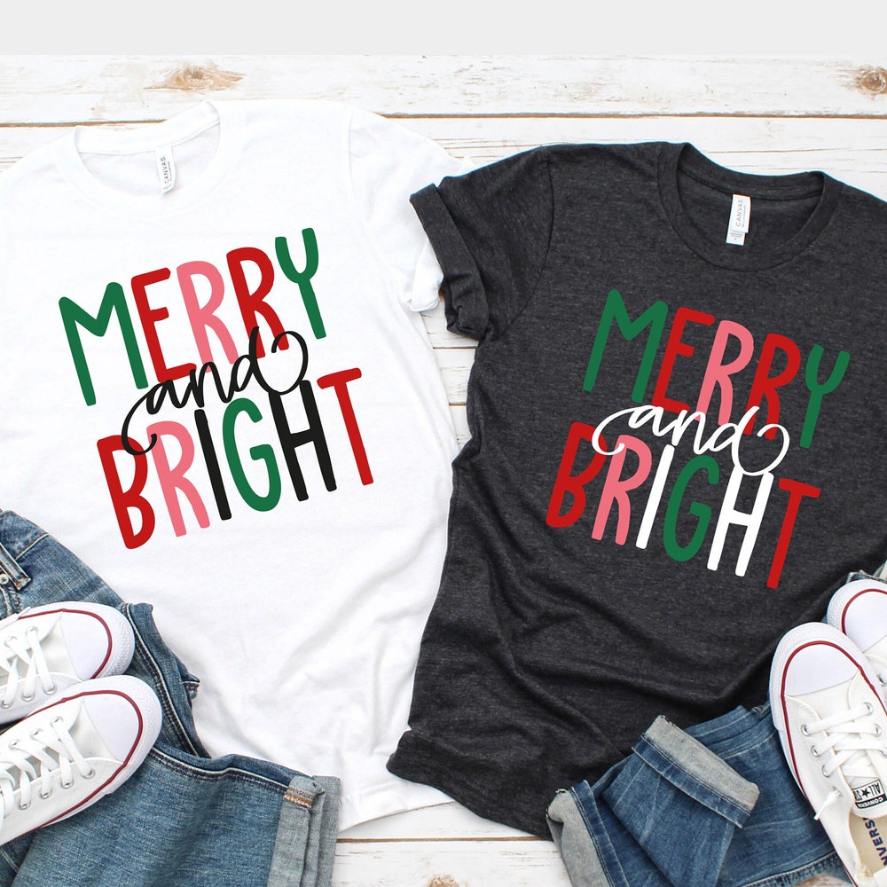 Merry And Bright Christmas Tee, Women'S Christmas Shirt, Christmas Gifts, Long Sleeve Shirt, Christmas Shirt For Her, Cute Xmas Gift For Her Christmas Gift 2024