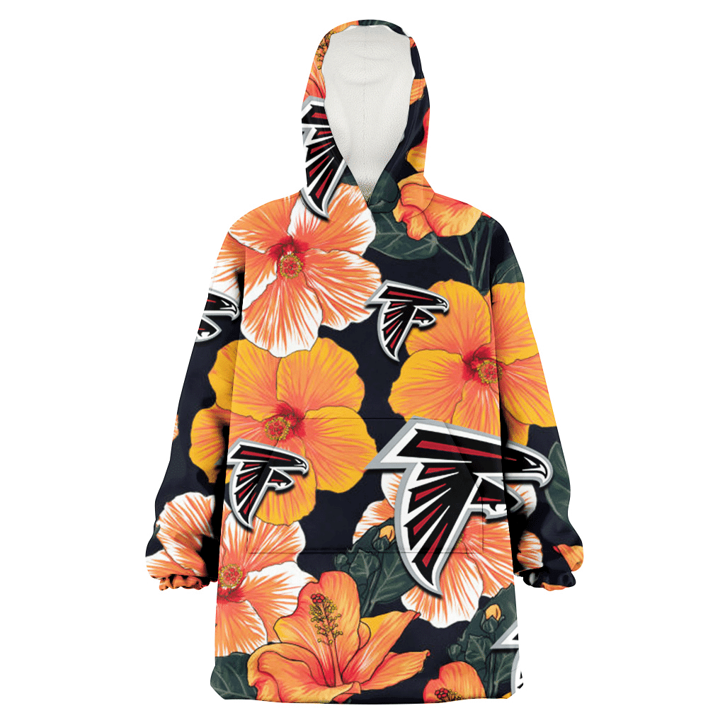 Atlanta Falcons Orange Hibiscus Dark Green Leaf Black Background 3D Printed Hoodie Blanket Snug Hoodie