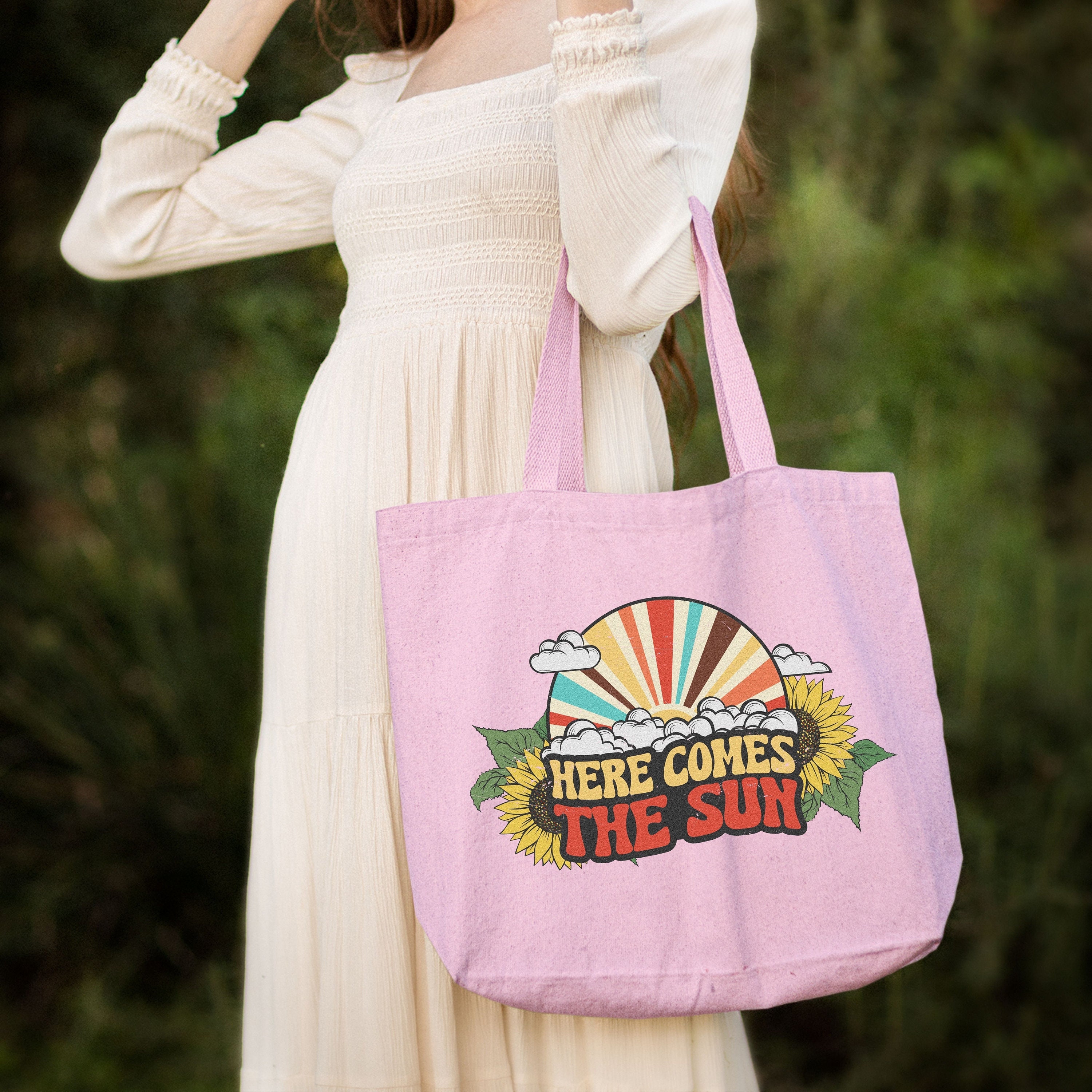 Here Comes The Sun Tote Bag, Vintage Summer Canvas Tote Bag, Gift For Traveler, Eco Friendly Girls Beach Bag, Summer Vibes, Sunflower Bag