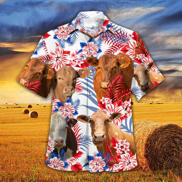 Beefmaster Cattle Lovers American Flag Hawaiian Shirt, Cow Hawaiian Shirt Vintage Flower, Hawaiian Shirt Men, Hawaiian Shirt Women