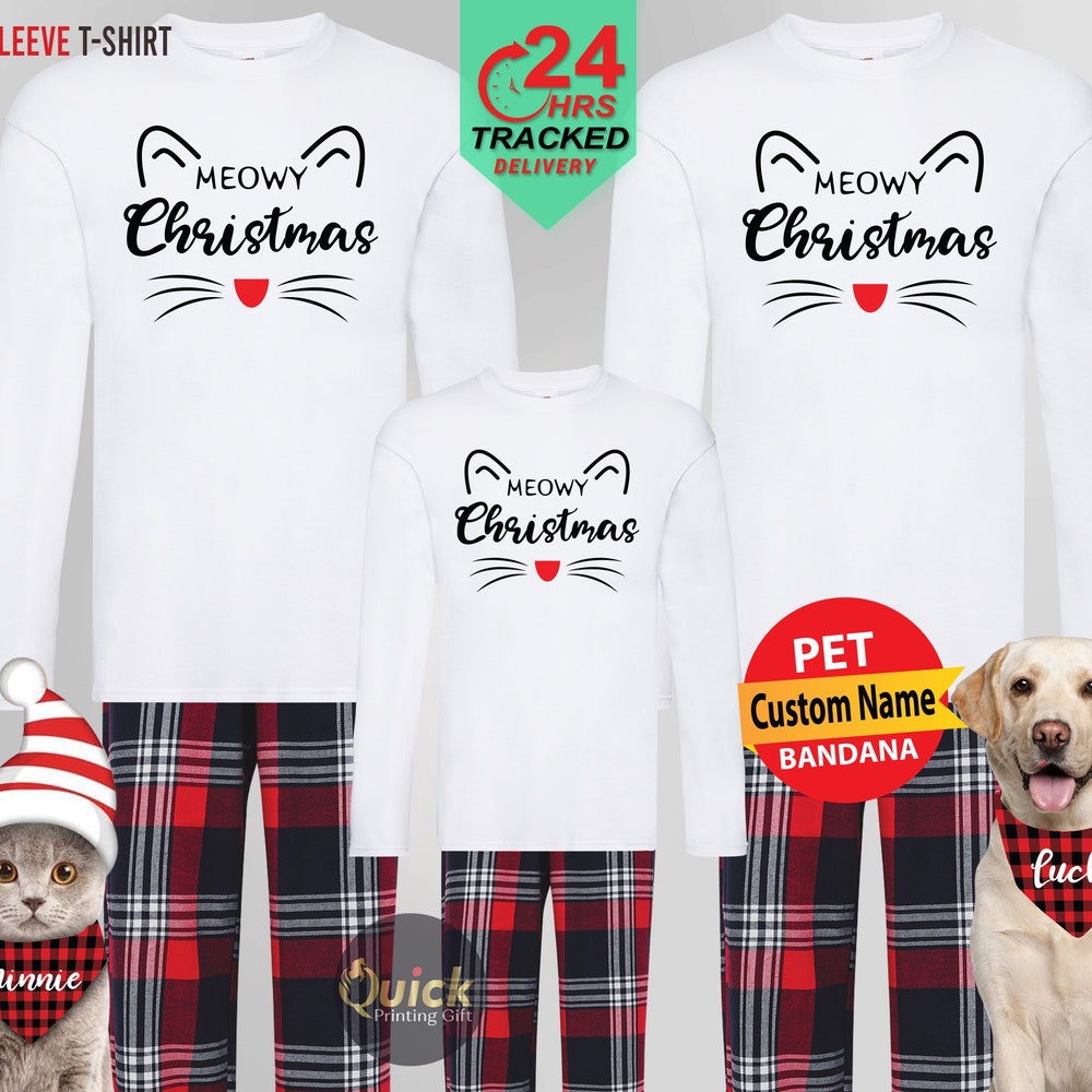 Meowy Christmas Long Sleeve Tshirt, Matching Christmas Family Pyjamas, Cat Lover Tshirt For Women Men, Christmas Gifts For Cat Lover Hoodiehome Store Everstyletees