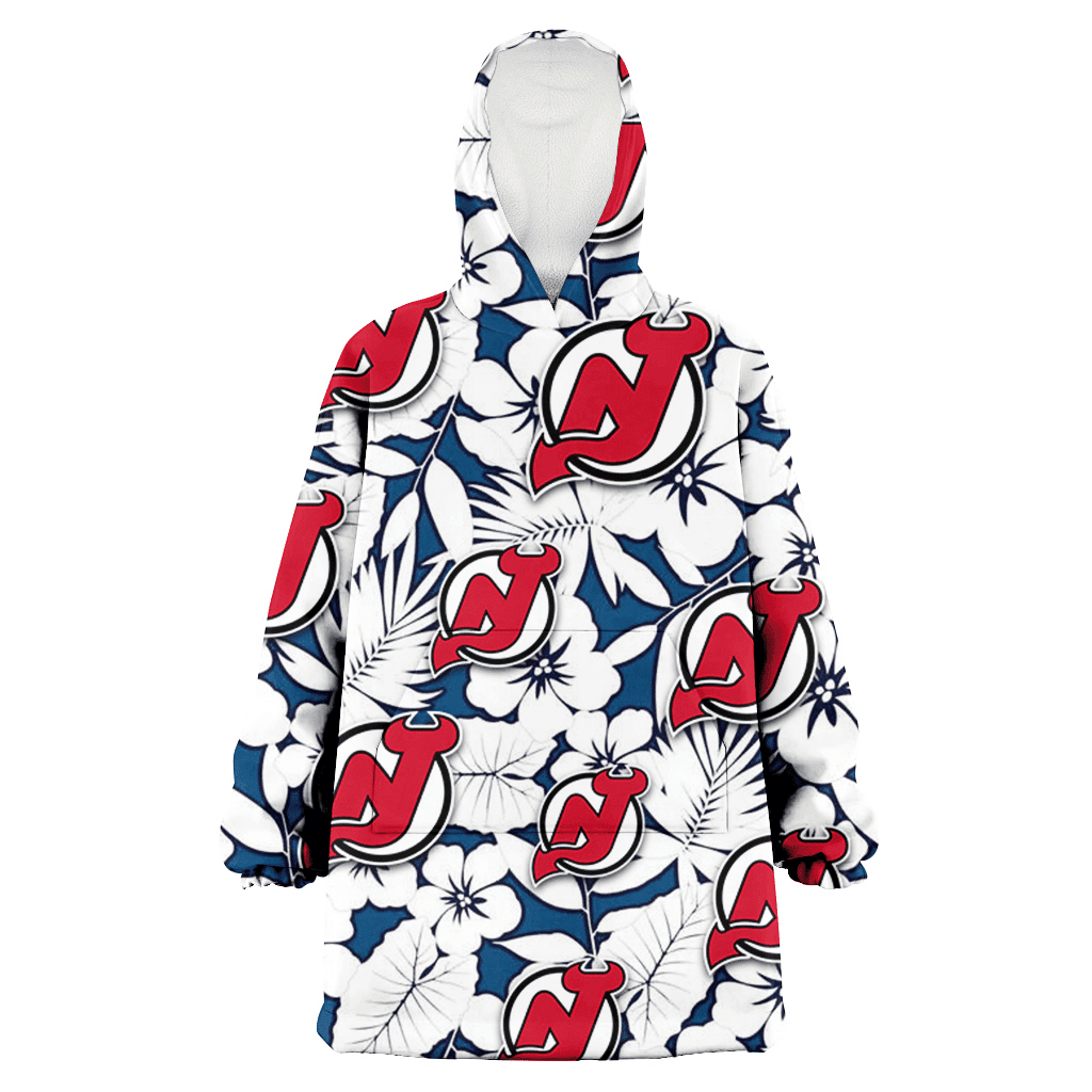 New Jersey Devils White Hibiscus And Leaves Blue Background 3D Printed Hoodie Blanket Snug Hoodie