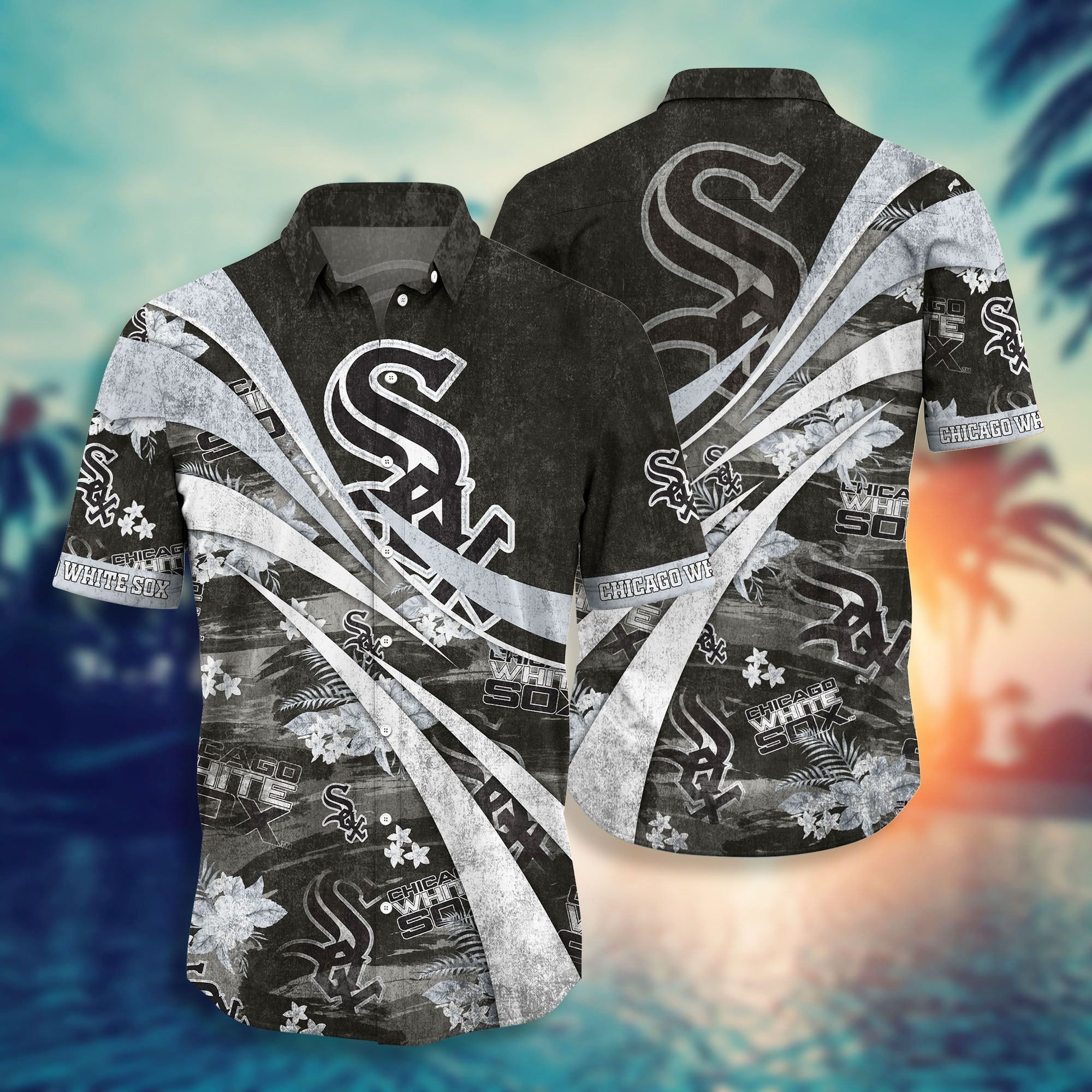 Chicago White Sox Mlb Team Logo Black White Waves Pattern 3D Hawaiian Shirt