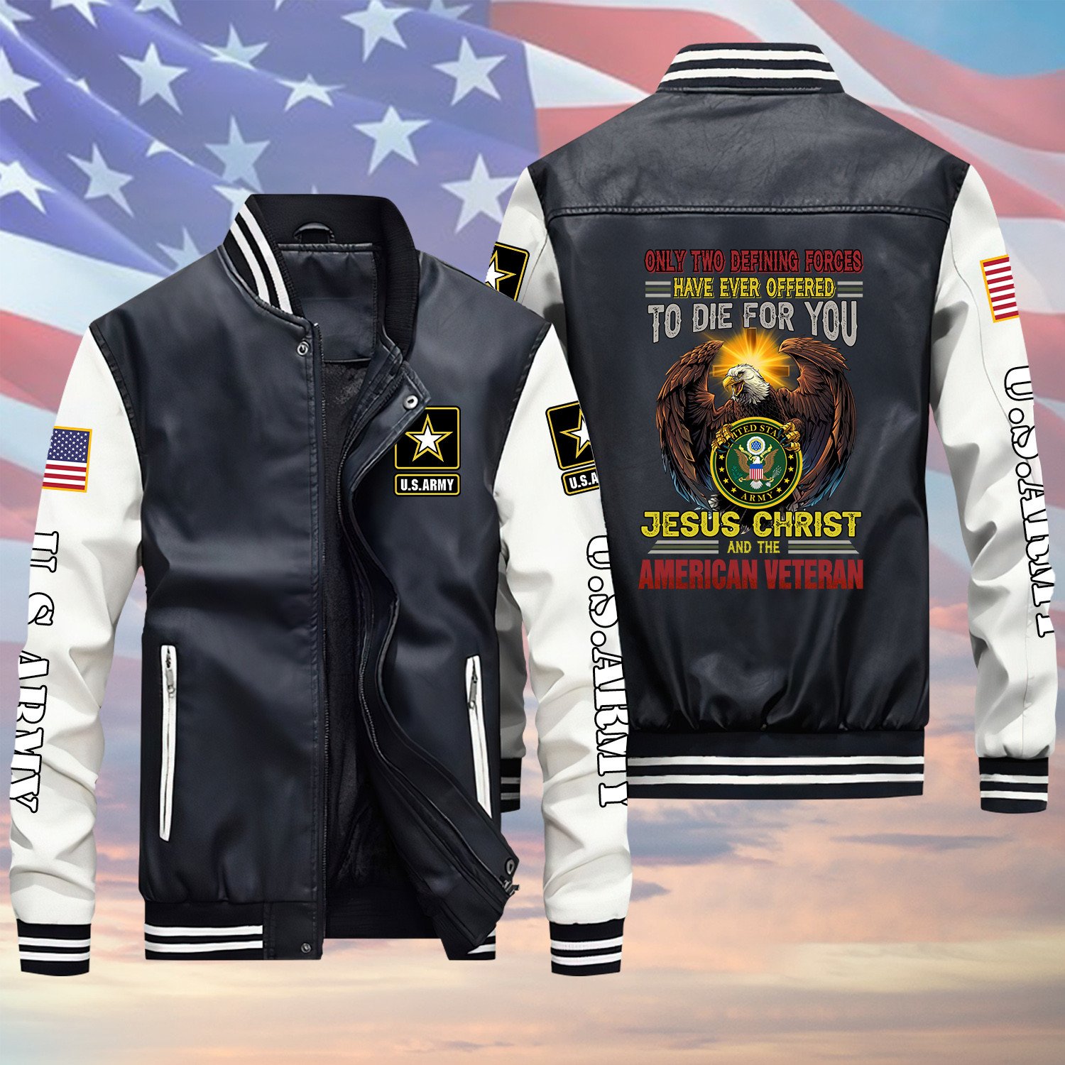 Only Two Defining Forces U.S Army Veteran Black Winter Gear Leather Bomber Leterman Varsity Jacket