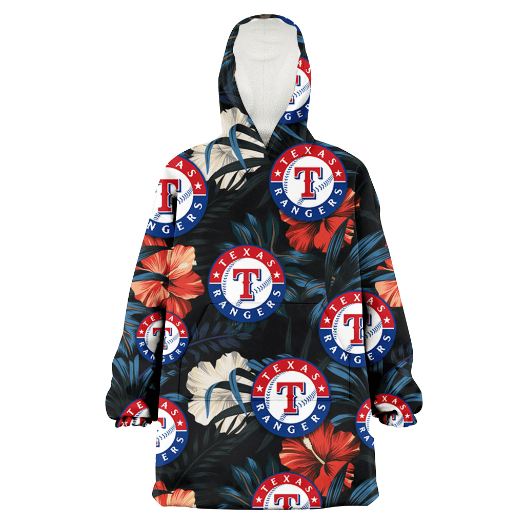 Texas Rangers Red And White Hibiscus Dark Leaf Black Background 3D Printed Hoodie Blanket Snug Hoodie