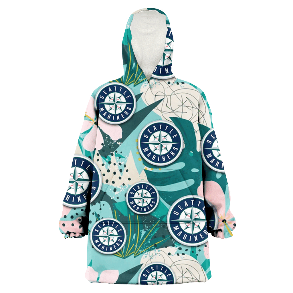 Seattle Mariners Pastel Hibiscus Palm Leaf Tiny Dot Green Background 3D Printed Hoodie Blanket Snug Hoodie