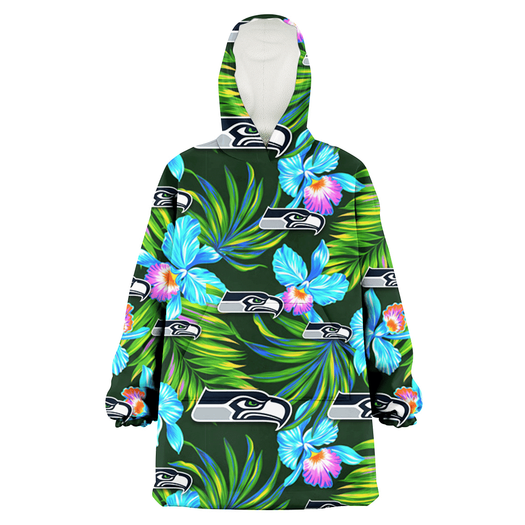 Seattle Seahawks Electro Color Hibiscus Black Background 3D Printed Hoodie Blanket Snug Hoodie