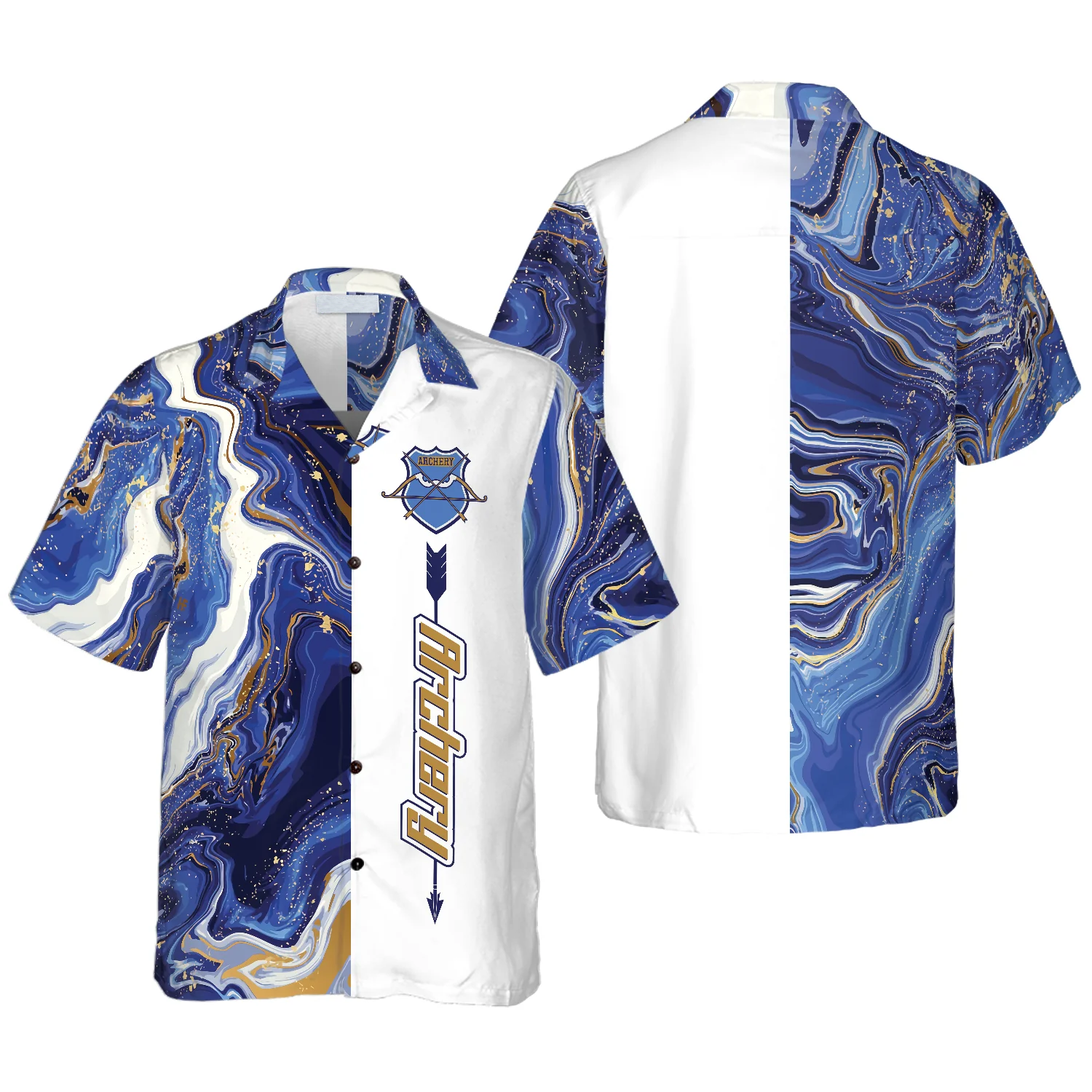 Blue Marble And Gold Archery Hawaiian Shirt, Idea Gift For Archer Sport Lovers, Archery Hawaiian Shirt