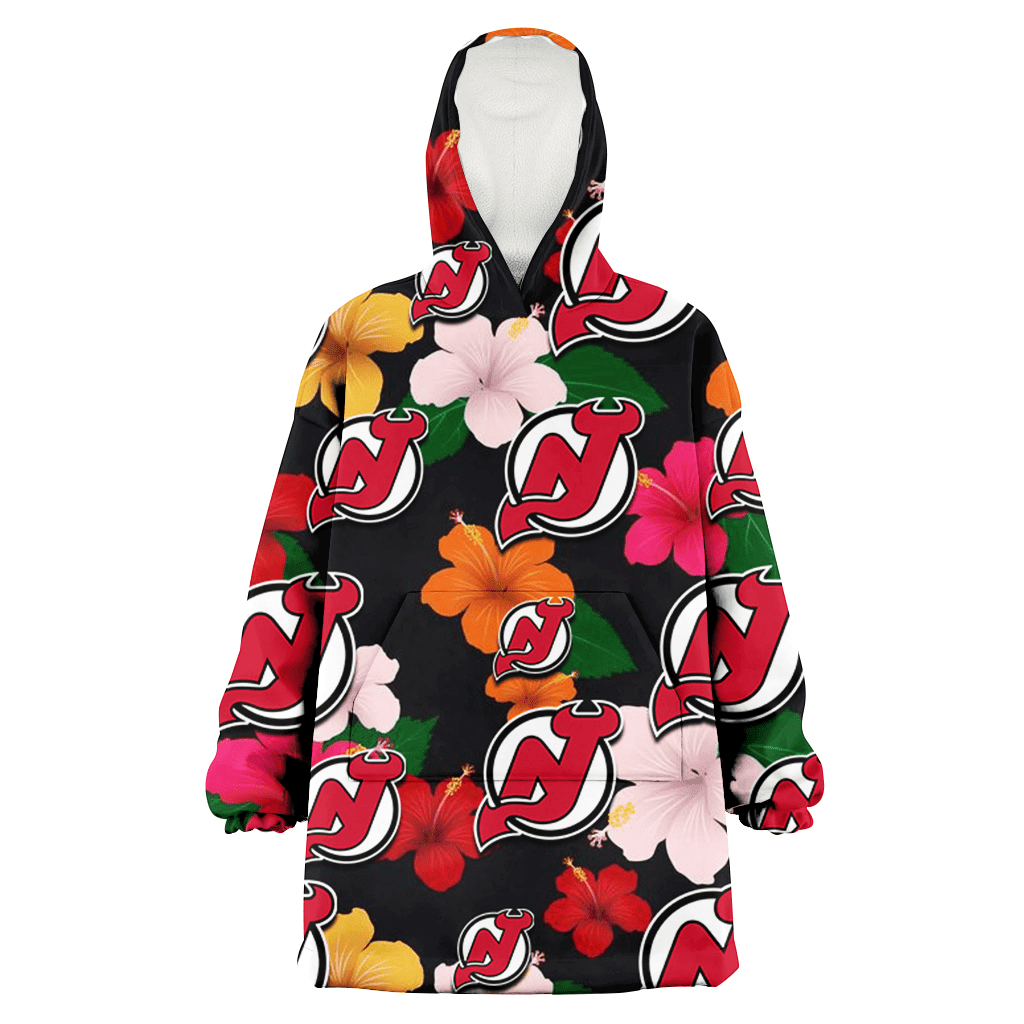 New Jersey Devils Pink Orange Yellow White Hibiscus Black Background 3D Printed Hoodie Blanket Snug Hoodie