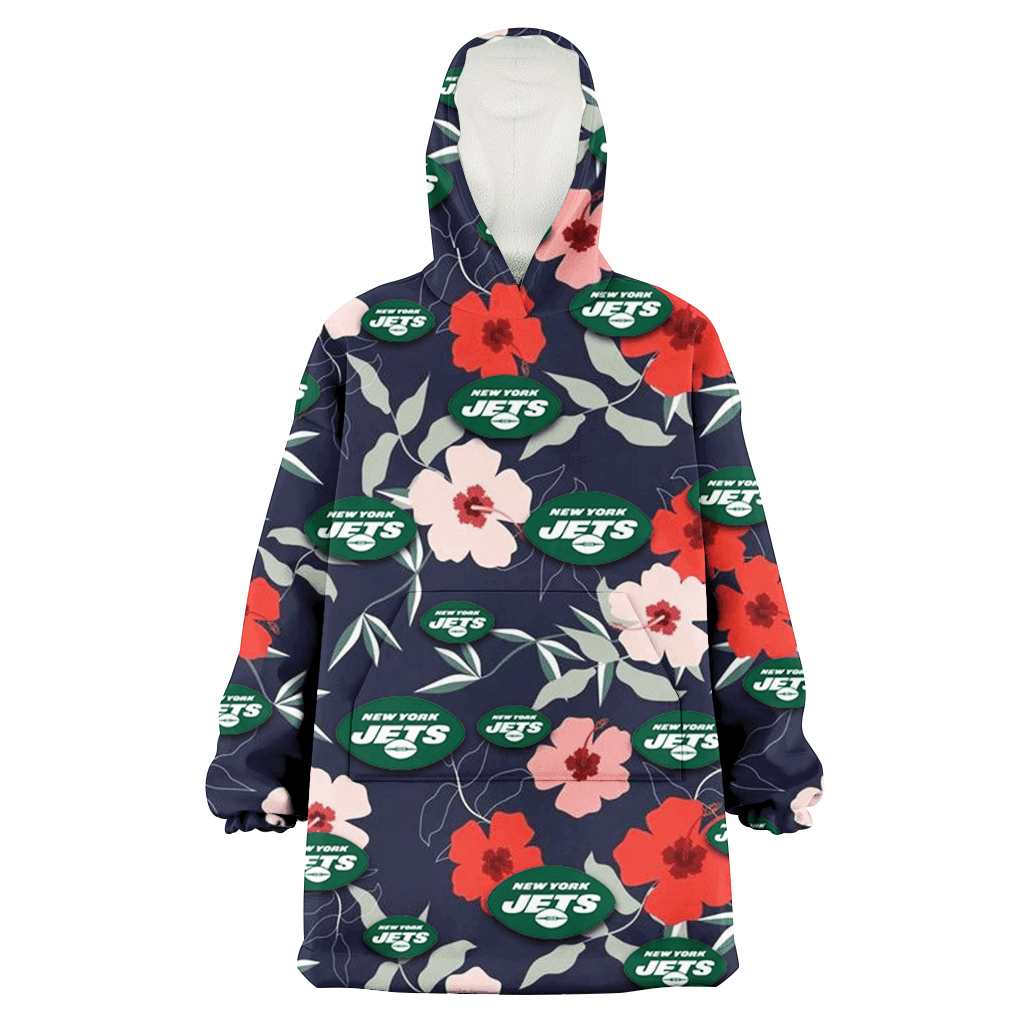 New York Jets Red Pink White Hibiscus Black Background 3D Printed Hoodie Blanket Snug Hoodie