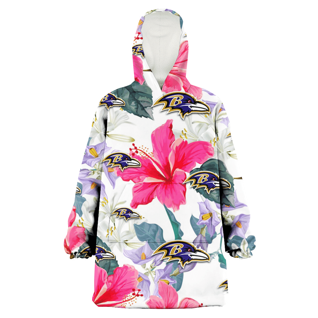 Baltimore Ravens Pink Hibiscus White Orchid White Background 3D Printed Hoodie Blanket Snug Hoodie