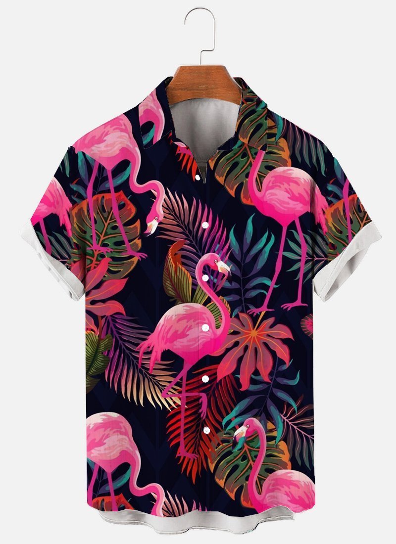 Hawaiian Flamingos Casual Loose Men’S Plus Size Short-Sleeved Shirt