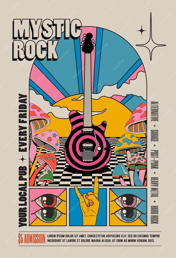Retro vintage styled psychedelic rock music concert poster