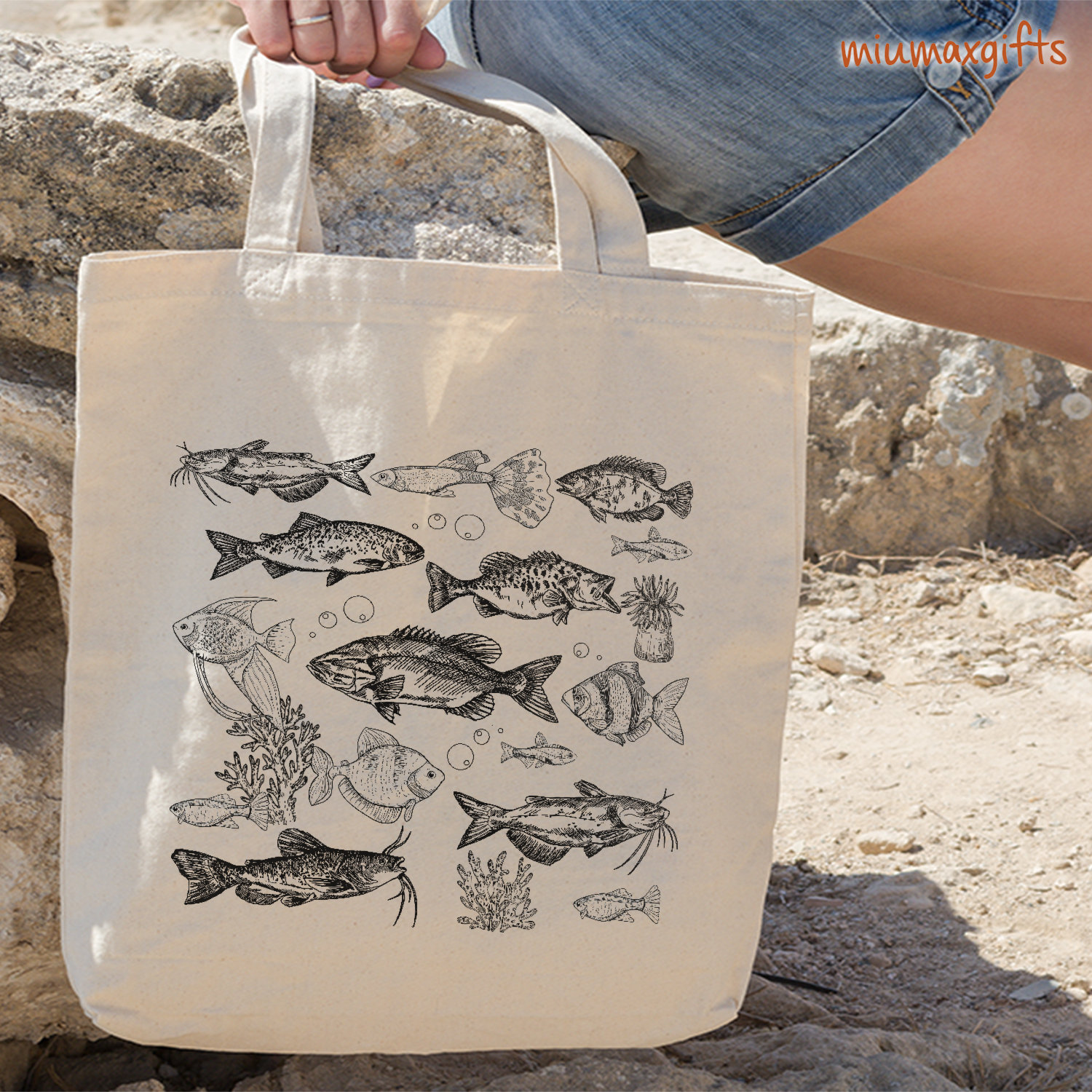 Fish Cotton Tote Bag, Fish Tote Bag, Fish Bag, Design By Miumaxgift, Ocean Life Bag, Cotton Tote Bag, Eco-Friendly Tote Bag, Animal Bag