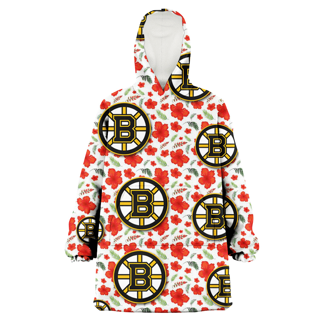 Boston Bruins Tiny Red Hibiscus Green Leaf White Cube Background 3D Printed Hoodie Blanket Snug Hoodie