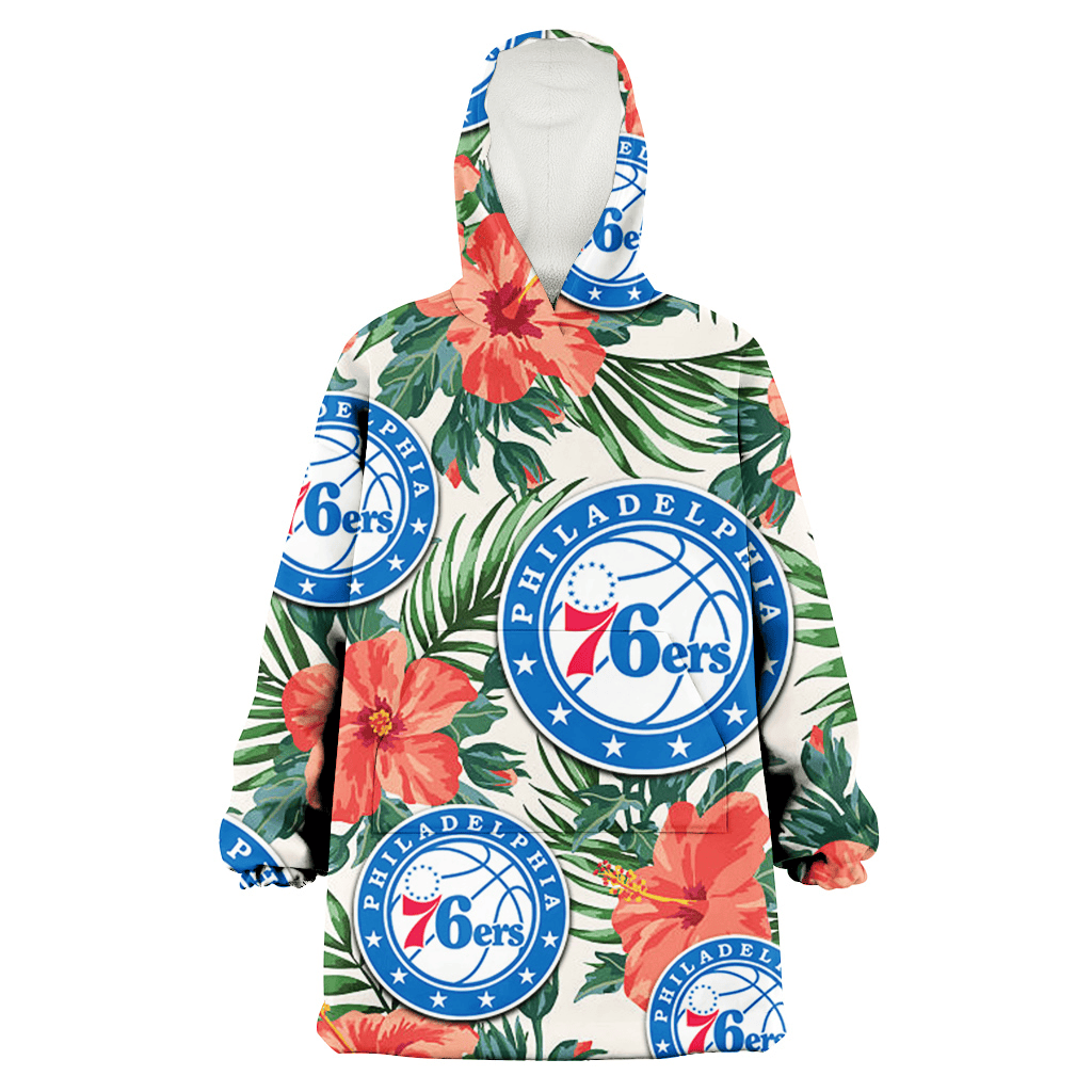 Philadelphia 76ers Coral Hibiscus Green Leaf Beige Background 3D Printed Hoodie Blanket Snug Hoodie