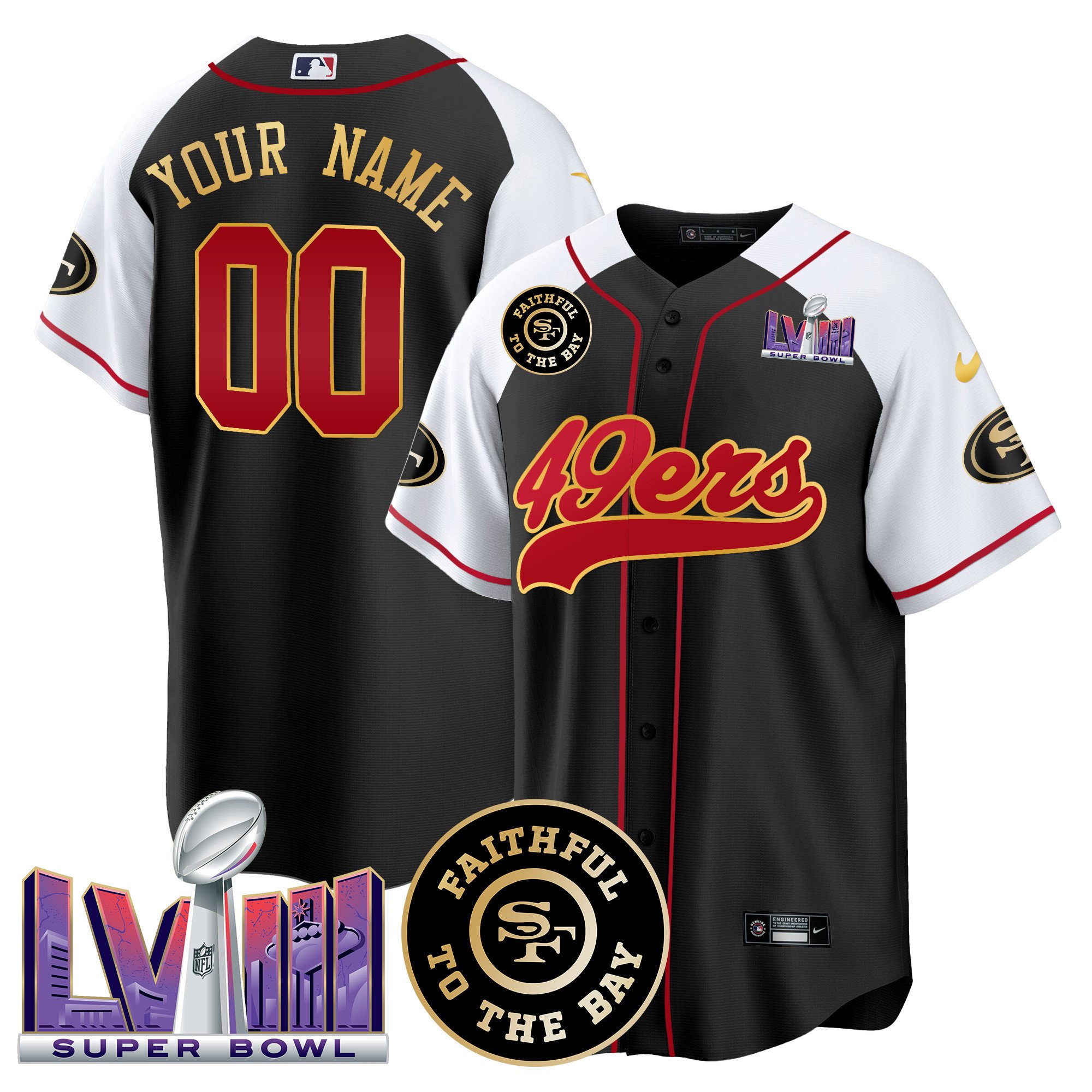 49Ers Faithful & Super Bowl Lviii Patch Baseball Custom Jersey – All Stitched