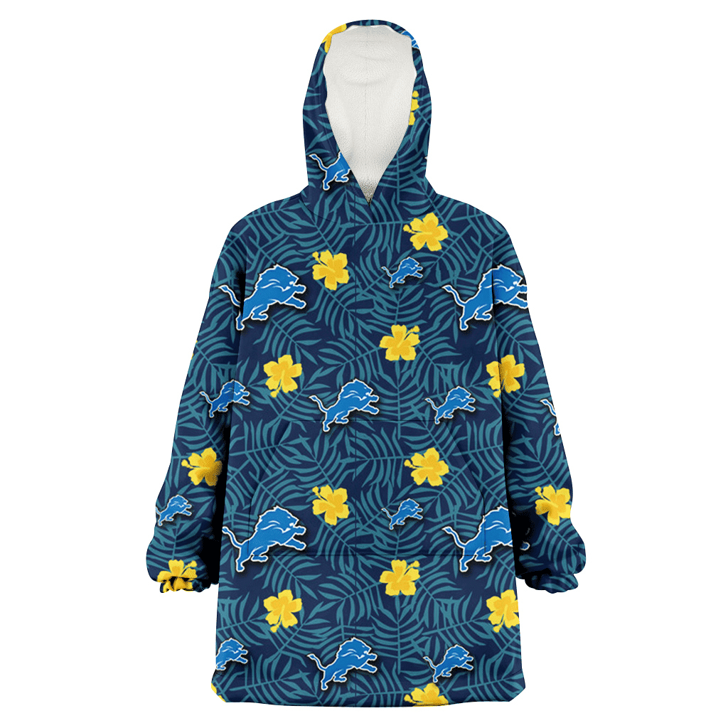 Detroit Lions Yellow Hibiscus Cadet Blue Leaf Navy Background 3D Printed Hoodie Blanket Snug Hoodie