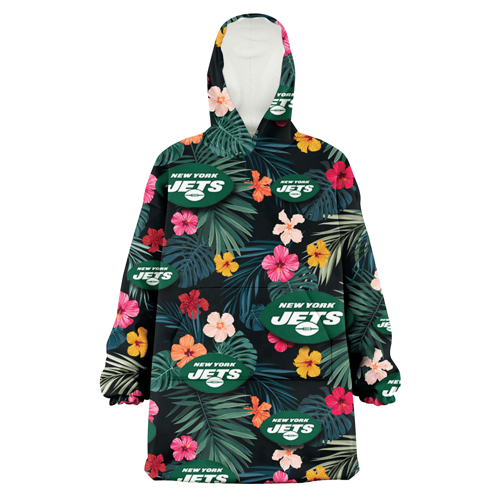 New York Jets Pink Yellow Orange Hibiscus Big Tropical Leaf Black Background 3D Printed Hoodie Blanket Snug Hoodie