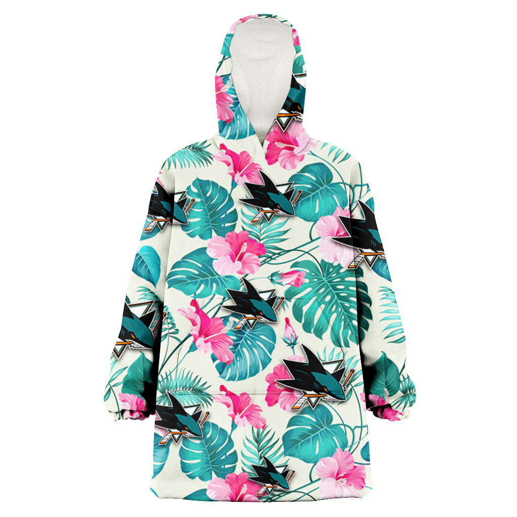 San Jose Sharks Pink Hibiscus Green Leaf Beige Background 3D Printed Hoodie Blanket Snug Hoodie