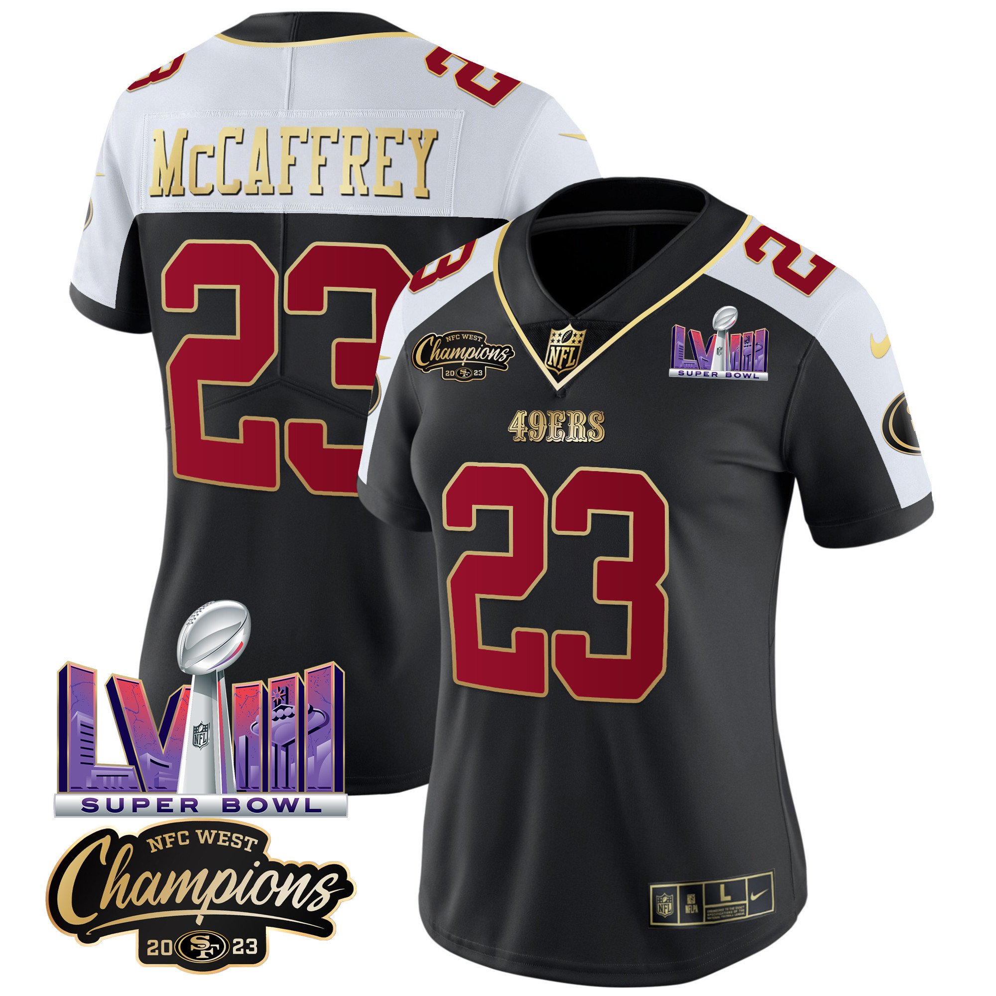 Women’S 49Ers Nfc West Champions & Super Bowl Lviii Patch Vapor Jersey V2 – All Stitched