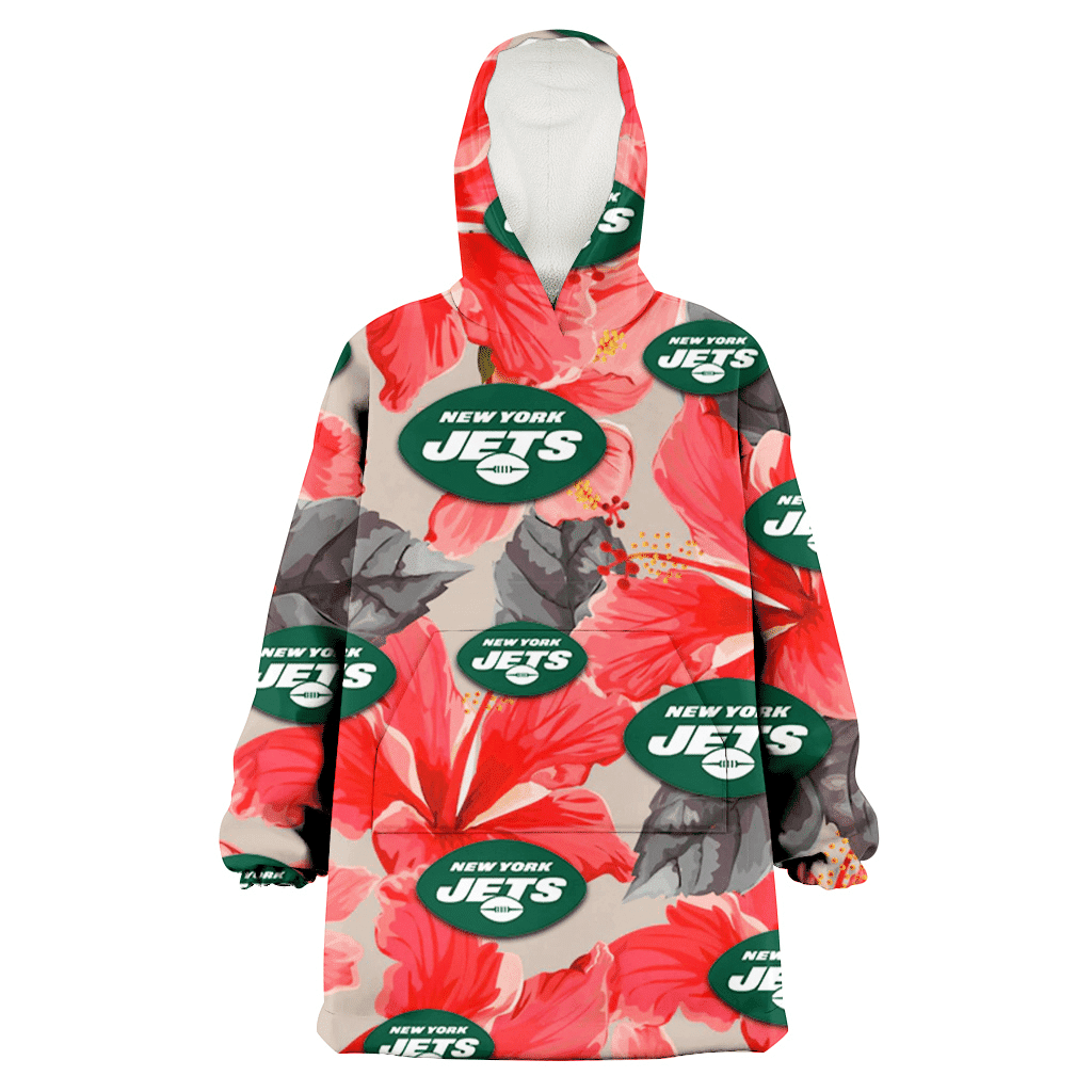 New York Jets Red Hibiscus Gray Leaf Beige Background 3D Printed Hoodie Blanket Snug Hoodie