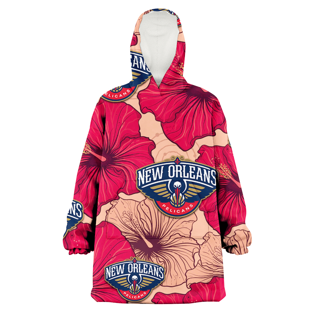 New Orlean Pelicans Red Beige Hibiscus Beige Background 3D Printed Hoodie Blanket Snug Hoodie