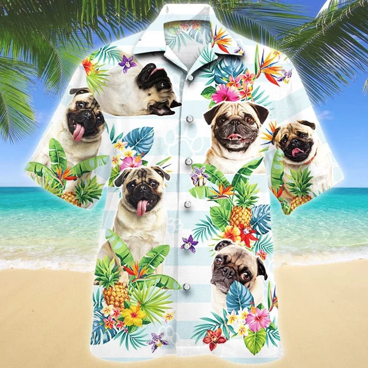 Pug Dog Paw Tropical Flower Blue And White Stripe Hawaiian Shirt, Short Sleeve Hawaiian Aloha Shirt For Men And Women