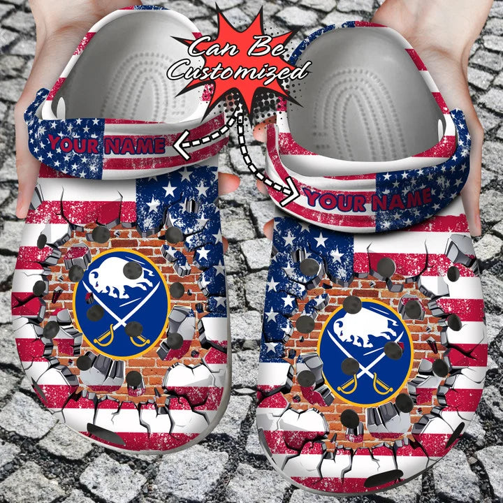 Hockey Crocs – Personalized B.Sabres American Flag Breaking Wall Clog Shoes