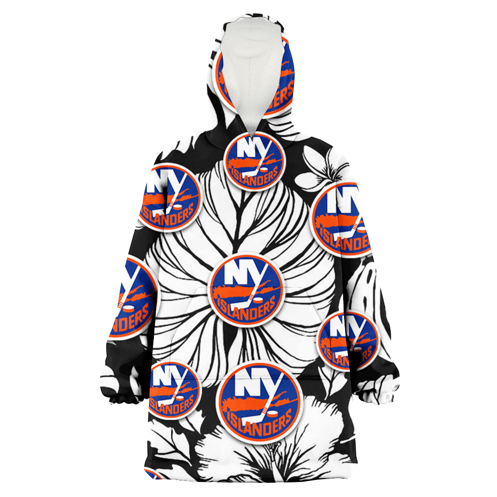 New York Islanders White Hibiscus Porcelain Flower Palm Leaf Black 3D Printed Hoodie Blanket Snug Hoodie