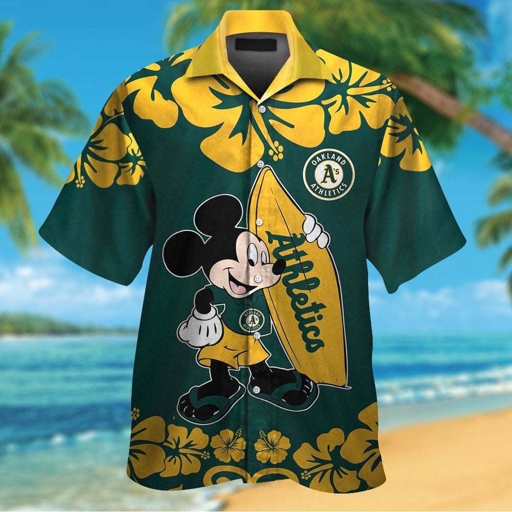 Oakland Athletics Mickey Mouse Short Sleeve Button Up Tropical Hawaiian Shirt