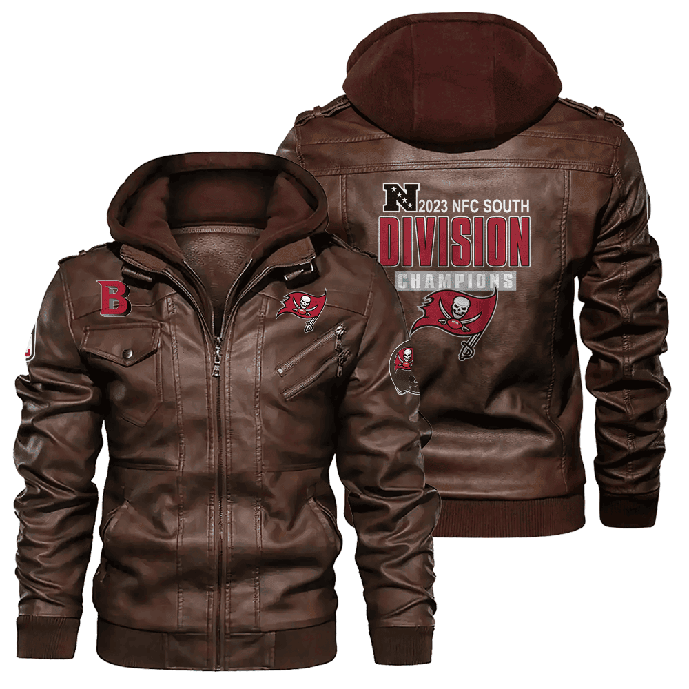 Tampa Bay Buccaneers NFL 2023 NFC South Champions Zip Brown Leather Jacket With Hood