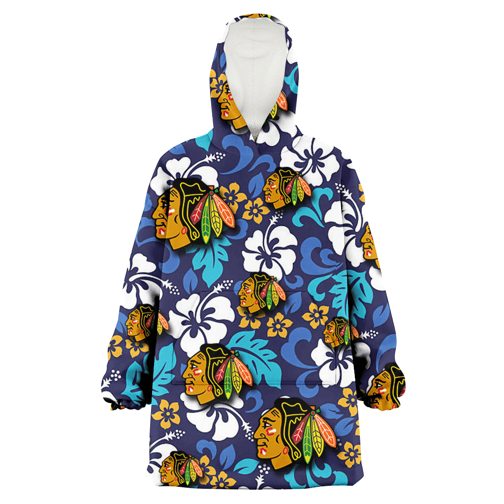 Chicago Blackhawks White Hibiscus Ceramic Style Navy Background 3D Printed Hoodie Blanket Snug Hoodie