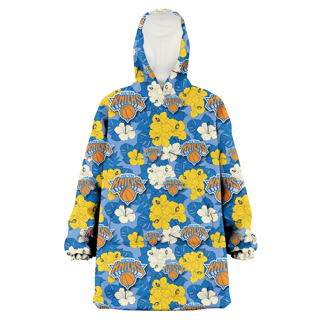 New York Knicks Yellow White Hibiscus Powder Blue Background 3D Printed Hoodie Blanket Snug Hoodie